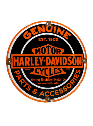Vintage Signs 1952 Genuine Harley Davidson Motor Cycles Parts and Accessories Porcelain Sign front
