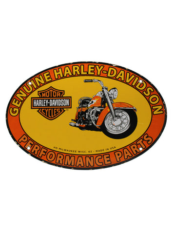 Vintage Signs 1963 Genuine Harley Davidson Performance Parts Porcelain Oval Sign front