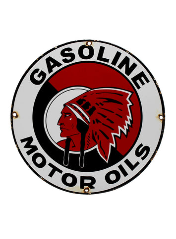 Vintage Signs Red Indian Gasoline Motor Oils Porcelain Pump Plate Sign