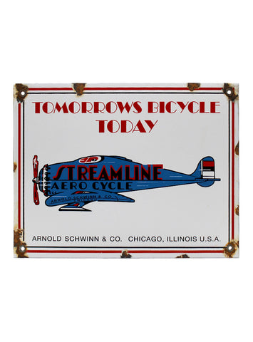 Vintage Signs Tomorrows Bicycle Today Streamline Aero Cycle Airplane Porcelain Gas Pump Sign front